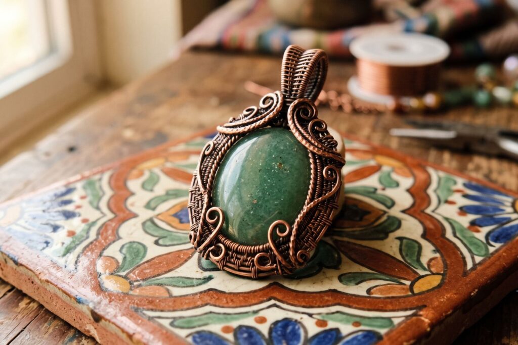 Collar artesanal de venturina con alambrismo wire wrapping hecho a mano
