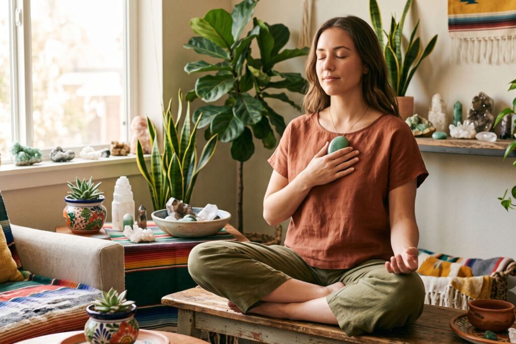 Mujer meditando sosteniendo una venturina verde sobre el chakra del corazón