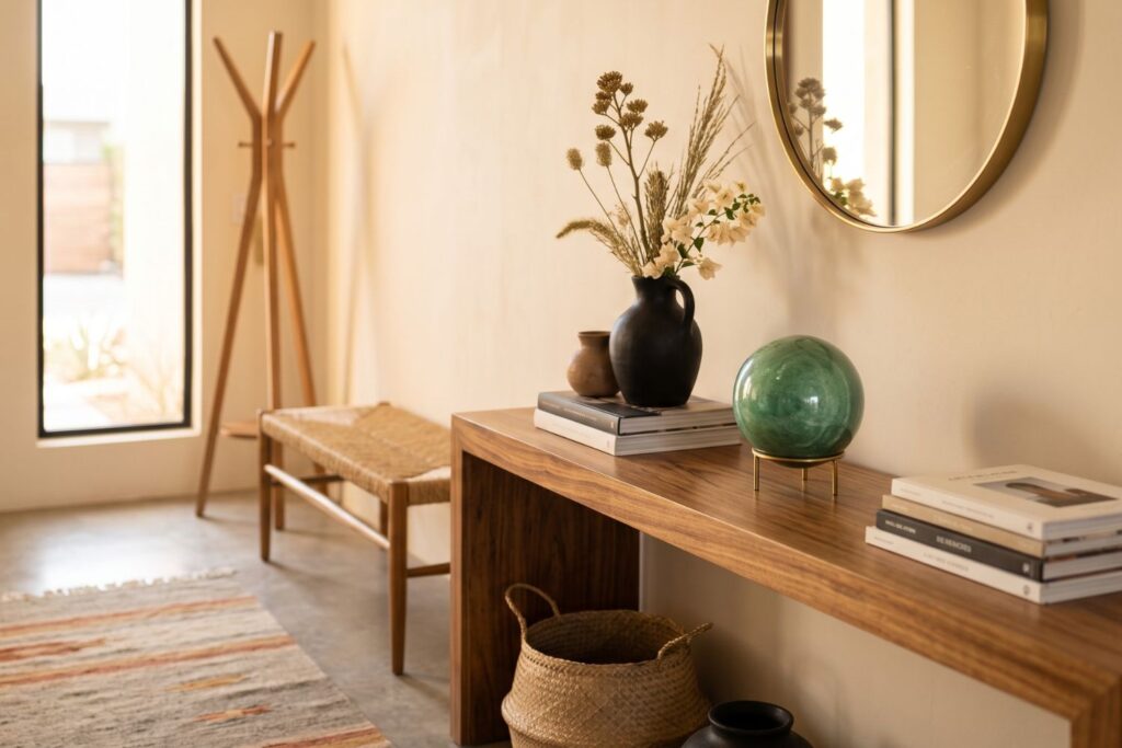 Esfera de venturina verde en la entrada de un hogar como pieza de feng shui