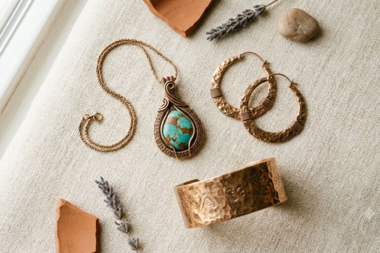 Piezas de joyería artesanal de tumbaga con tono dorado cálido sobre fondo de lino