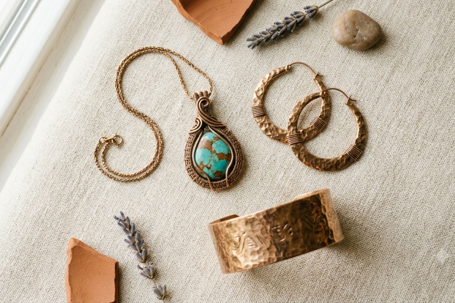 Piezas de joyería artesanal de tumbaga con tono dorado cálido sobre fondo de lino