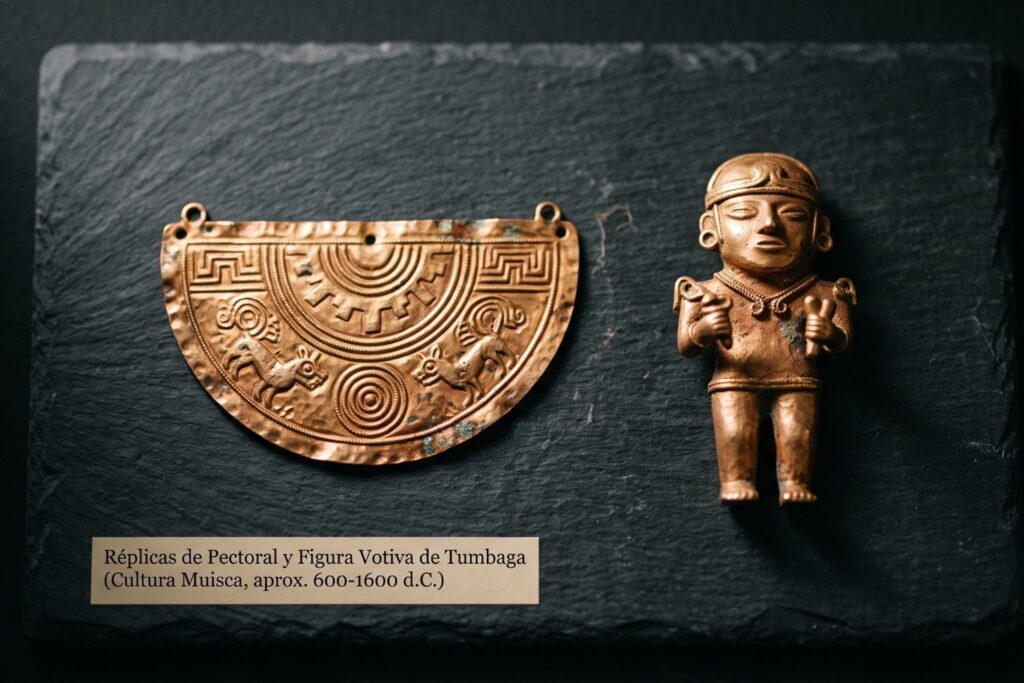 Réplica de pieza precolombina de tumbaga con diseño geométrico dorado