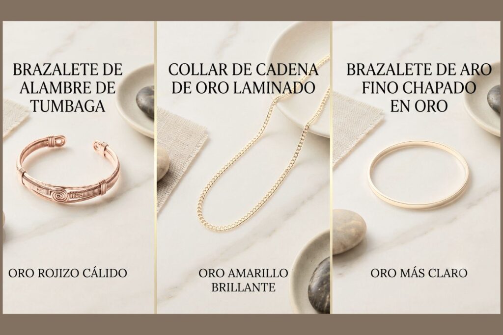 Comparativa visual de tumbaga, oro laminado y chapa de oro en joyería