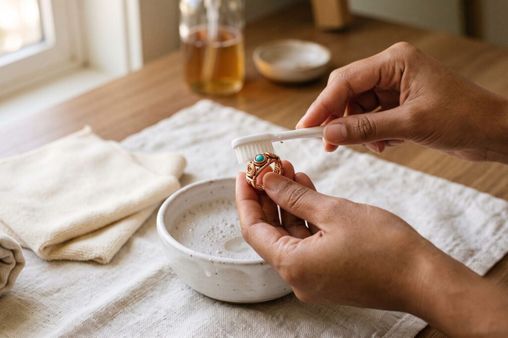 Limpieza de joyería de tumbaga con cepillo suave y agua jabonosa