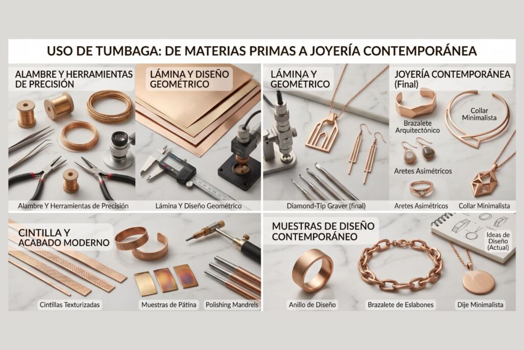 la tumbaga se utiliza en forma de alambre, lámina y cintilla para crear collares, aretes, pulseras y dijes