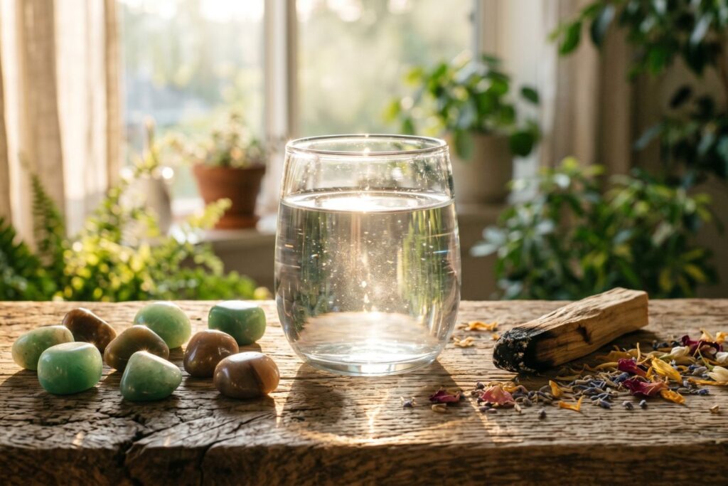 Limpieza de piedra venturina con agua natural y palo santo