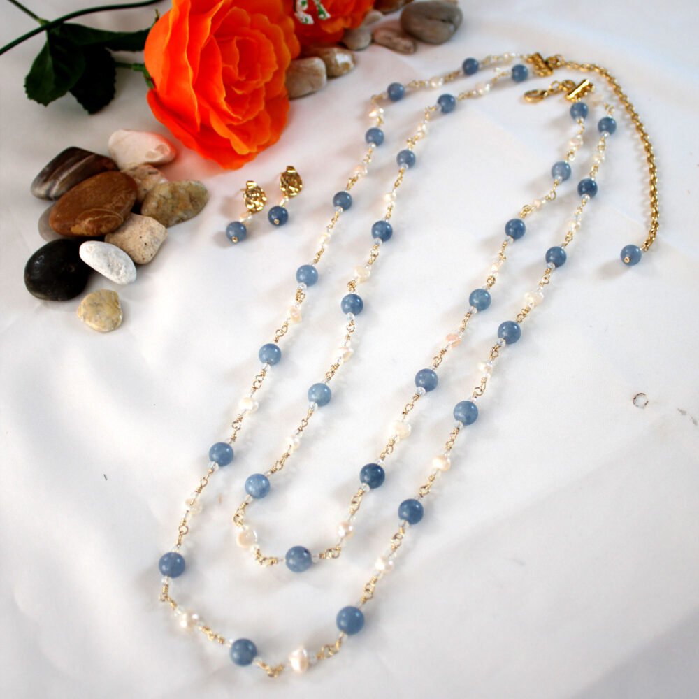 Collar ágatas azul cielo y perlas