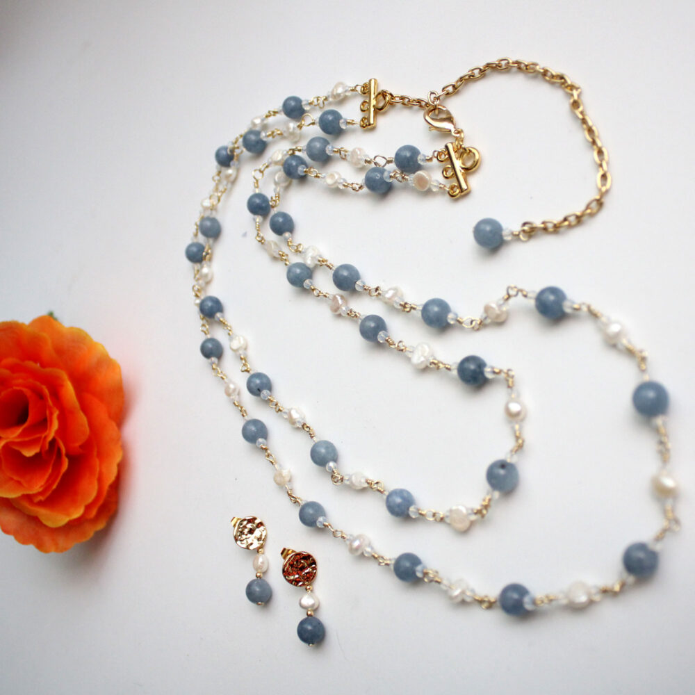 Collar ágatas azul cielo y perlas