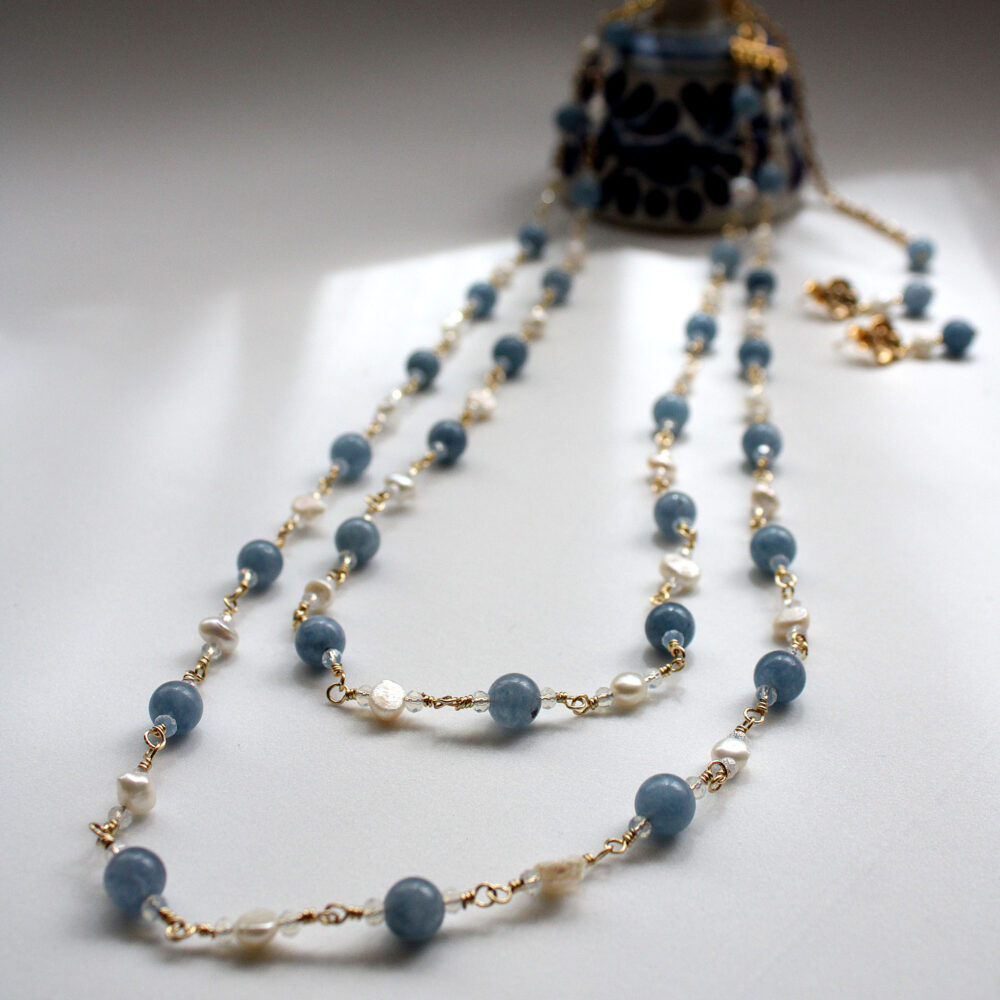 Collar ágatas azul cielo y perlas