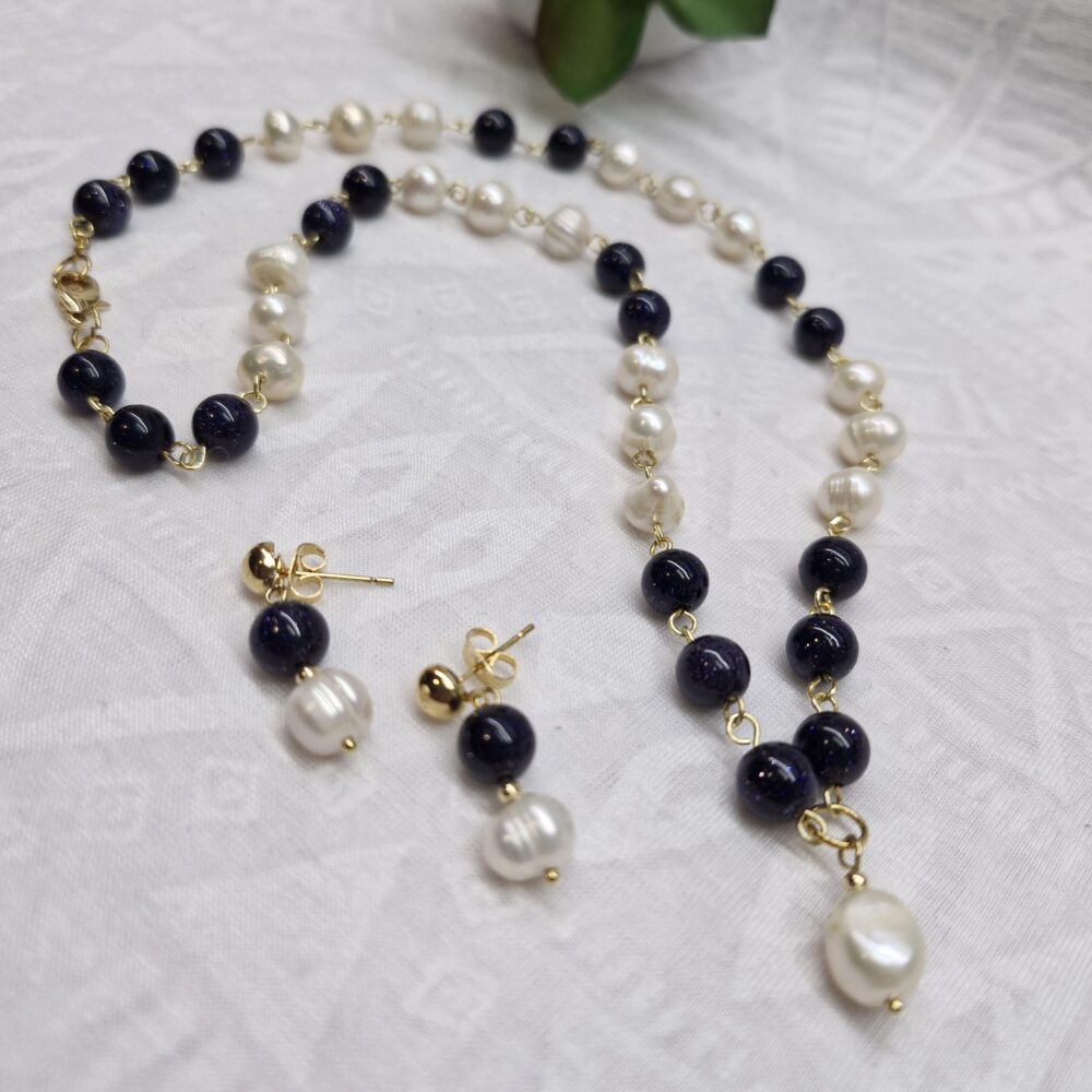 Collar de venturina azul y perlas