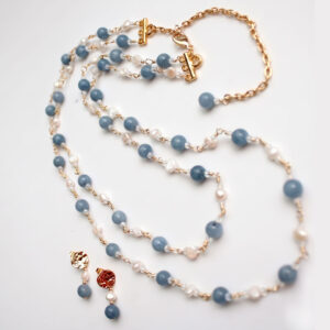 cl-085 Collar ágatas azul cielo y perlas