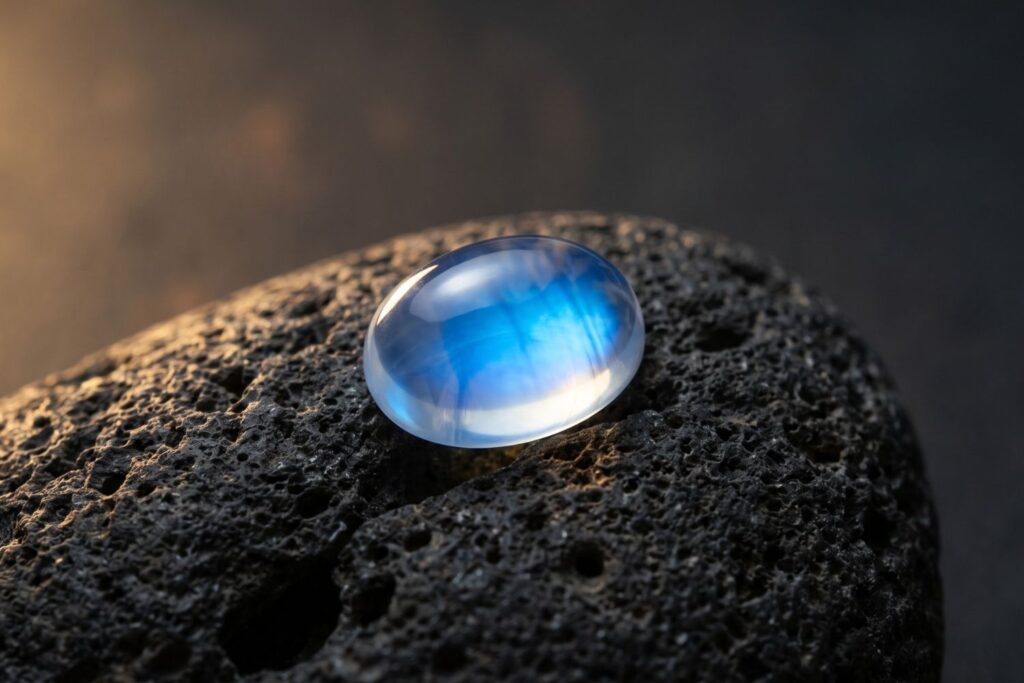 Piedra luna con adularescencia azul sobre fondo oscuro, joyeria artesanal mexicana