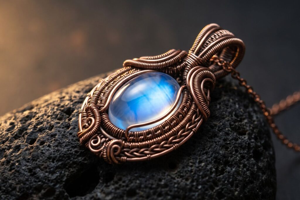 Colgante de piedra luna engarzado en alambre de cobre con tecnica de wire wrapping artesanal