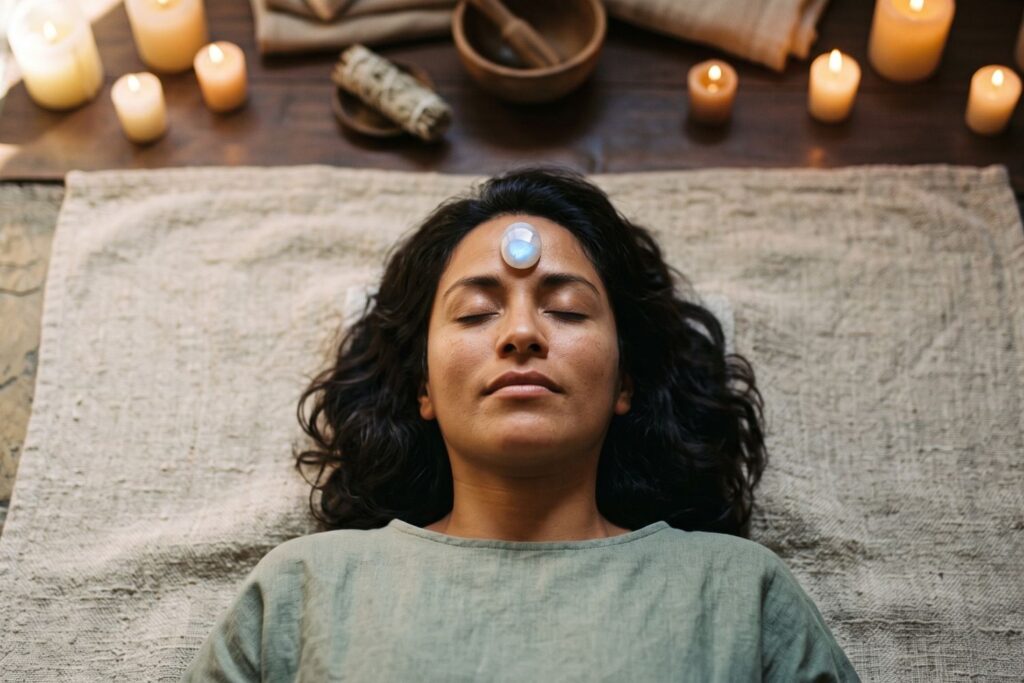 Piedra luna colocada sobre el tercer ojo durante meditacion para activar chakra Ajna