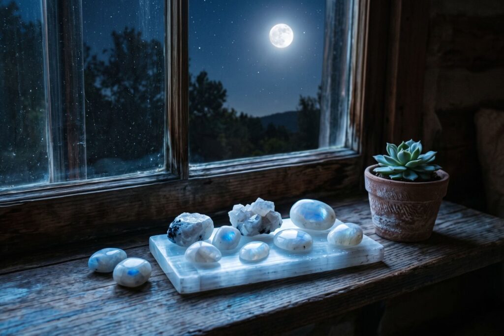 Piedras luna y cristales cargandose con luz de luna llena junto a una ventana
