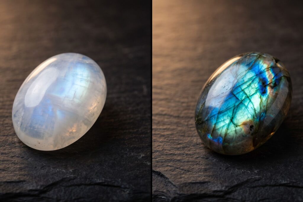 Comparacion visual entre piedra luna y labradorita mostrando sus diferentes efectos opticos