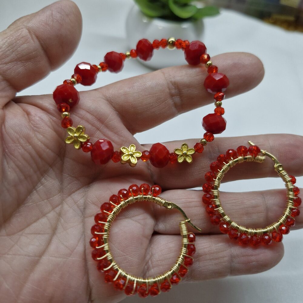 Pulsera y Arracadas color Rojo