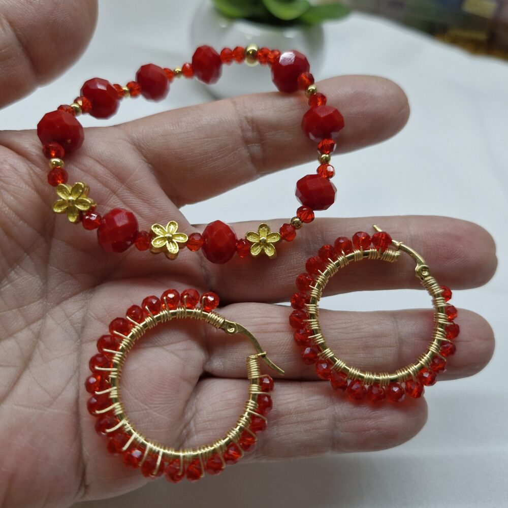 Pulsera y Arracadas color Rojo