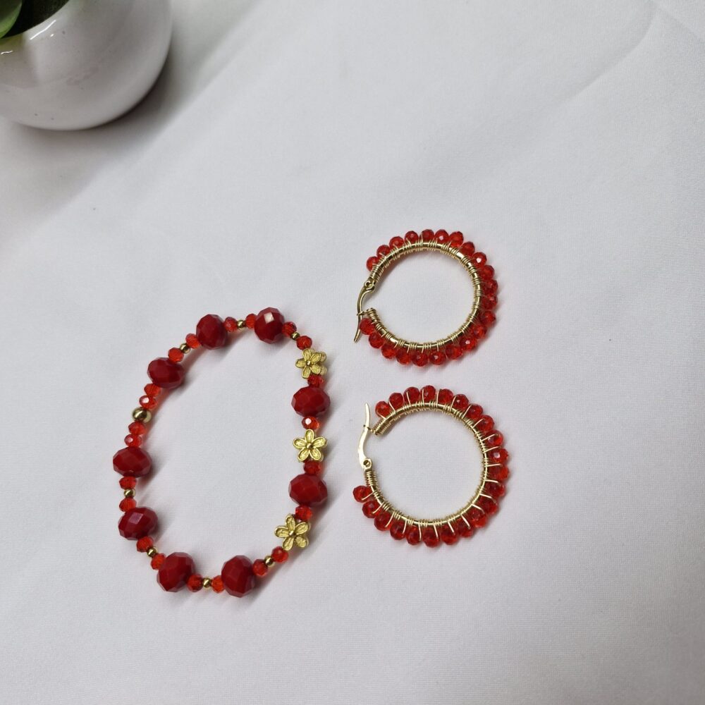 Pulsera y Arracadas color Rojo