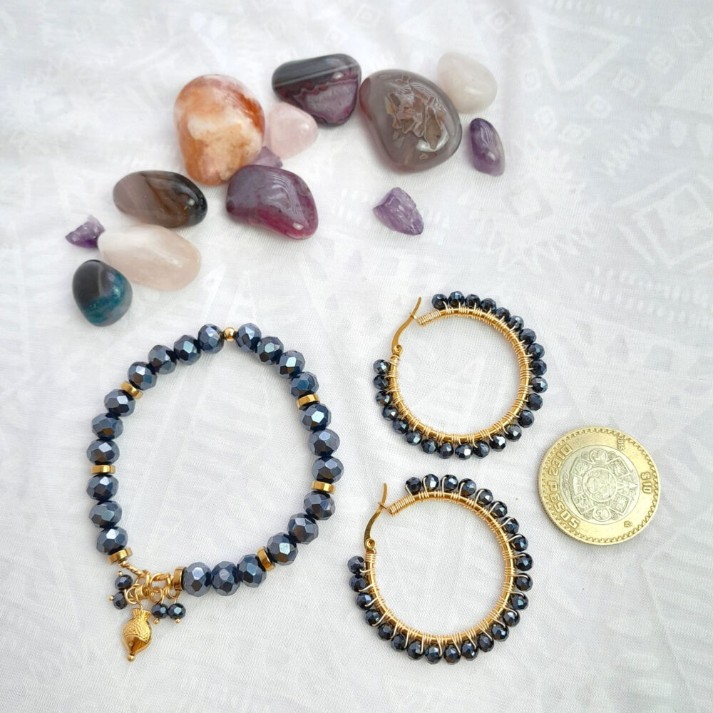 Pulsera y Arracadas color ACERO