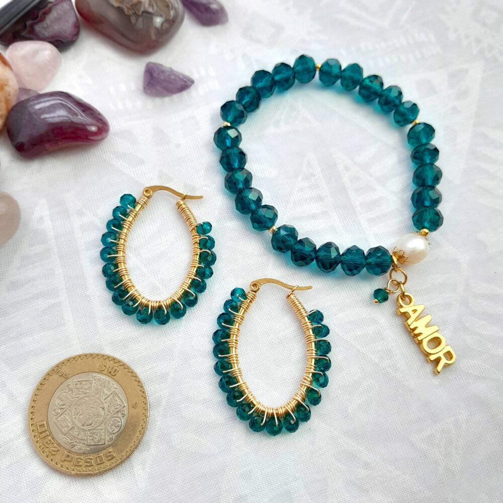 Pulsera y Arracadas color AZUL PETRÓLEO