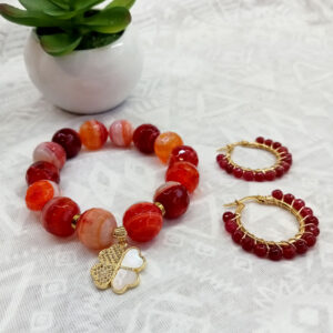 Pulsera de ágatas y arracadas rojas