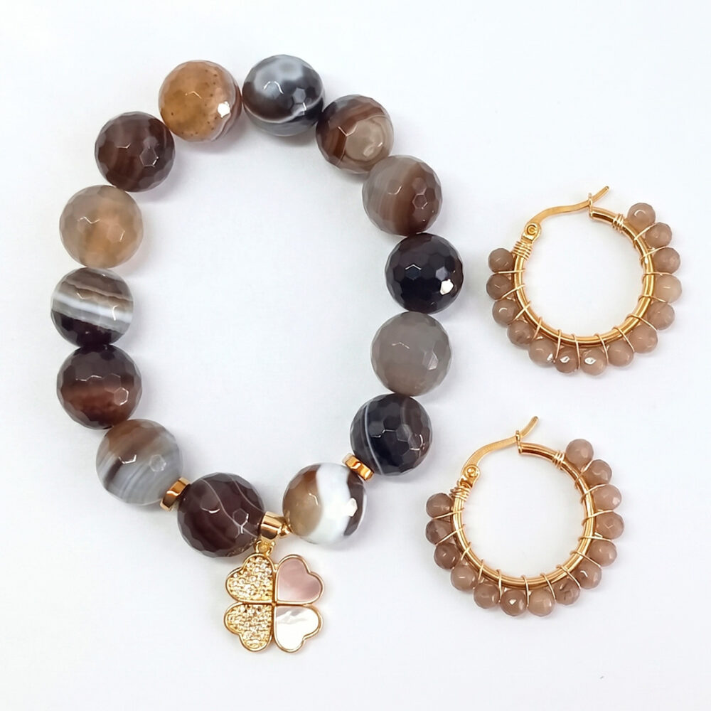 cl118-001 Pulsera de ágatas y arracadas café
