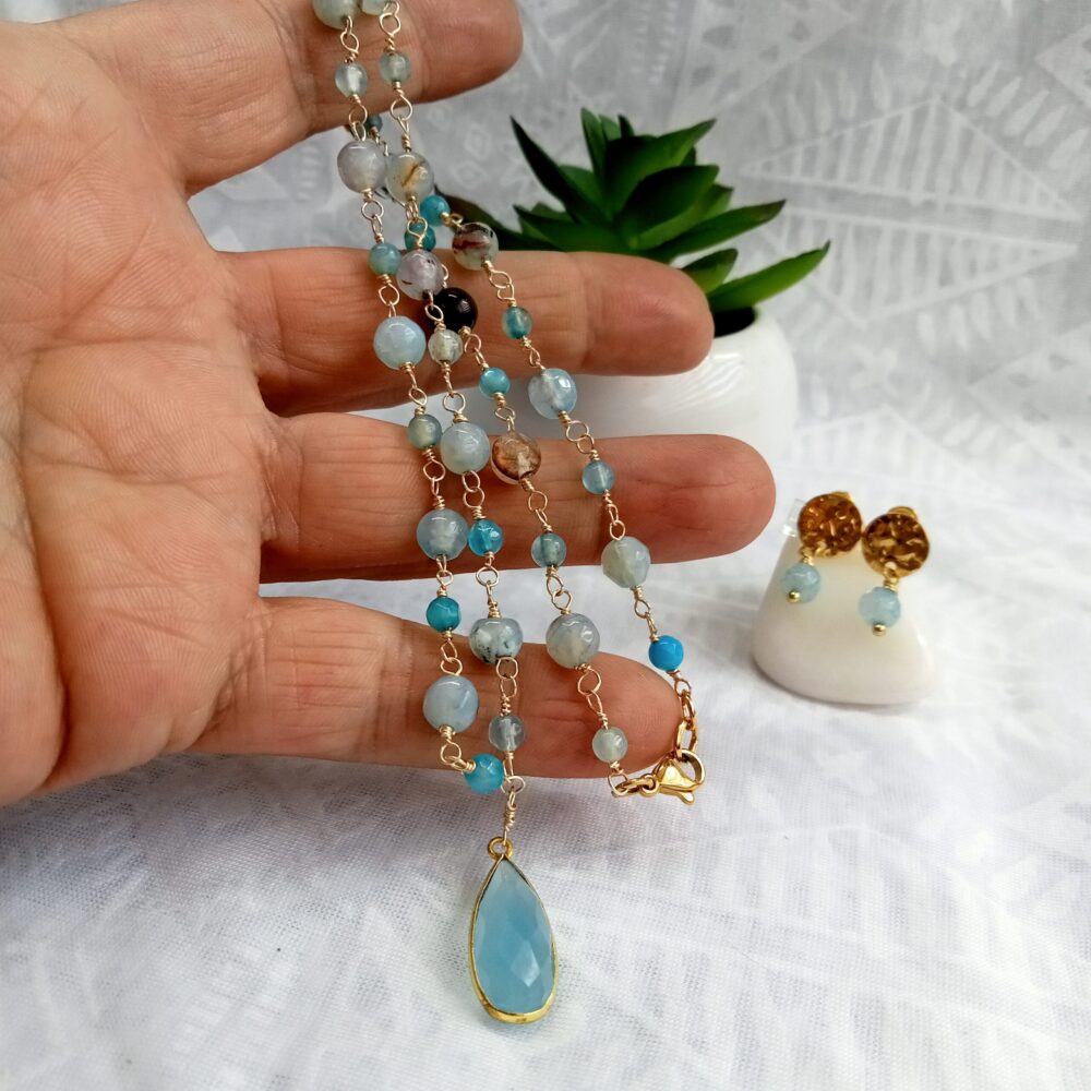 Collar de Ágatas con Dije Azul Cielo