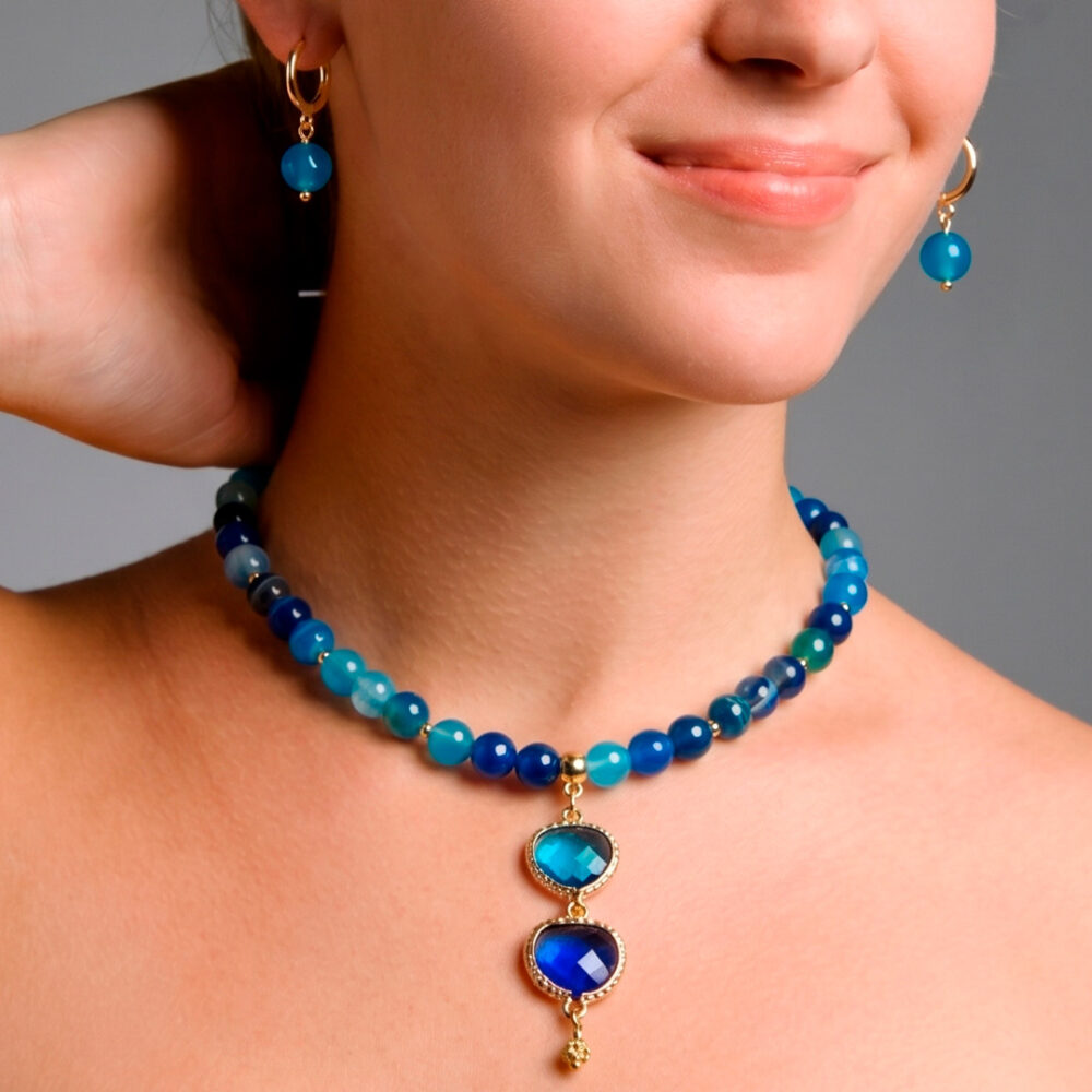 cl157-001 Collar Ágatas azul turquesa y dos dijes