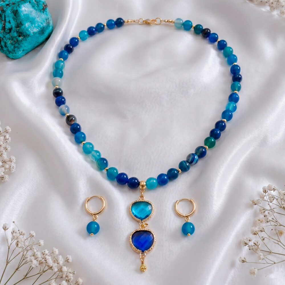 cl157-002 Collar Ágatas azul turquesa y dos dijes