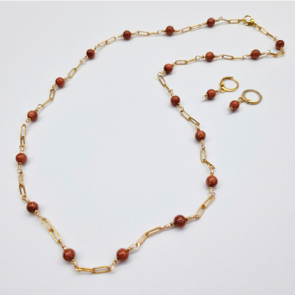 cl155-001 Collar de Venturina café y eslabones