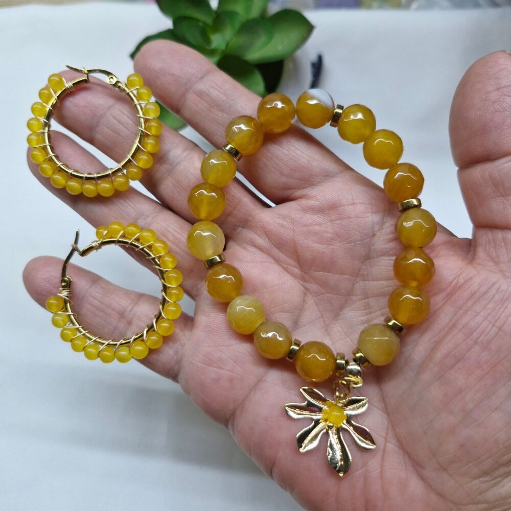 23 Pulsera de ágatas amarillas y arracadas
